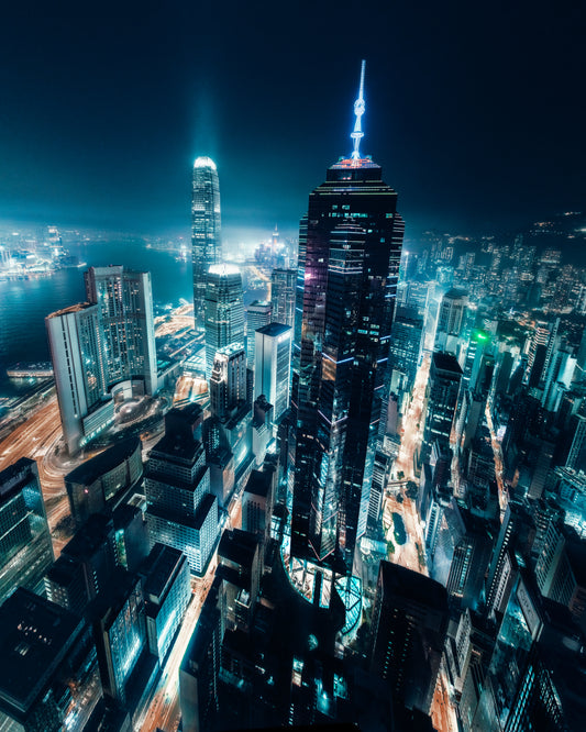 Scraping the Night Sky - Cybernoir Photo Art Print Drone Cityscape Night