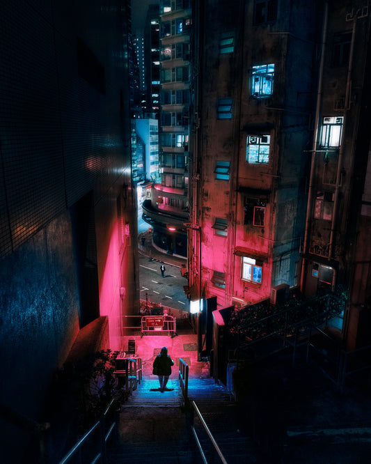 The Descent - Cybernoir Photo Art Print Streetphotography Street Urban Night Alley