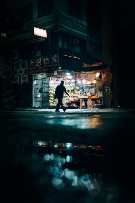 Lit by a Fruit Stall - Cybernoir Photo Art Print Streetphotography Street Urban Night Market Reflections